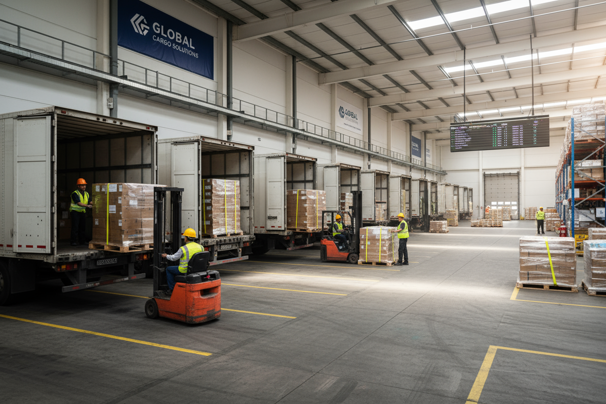 agencia de tranportes con trailers cargandolos de mercancia 